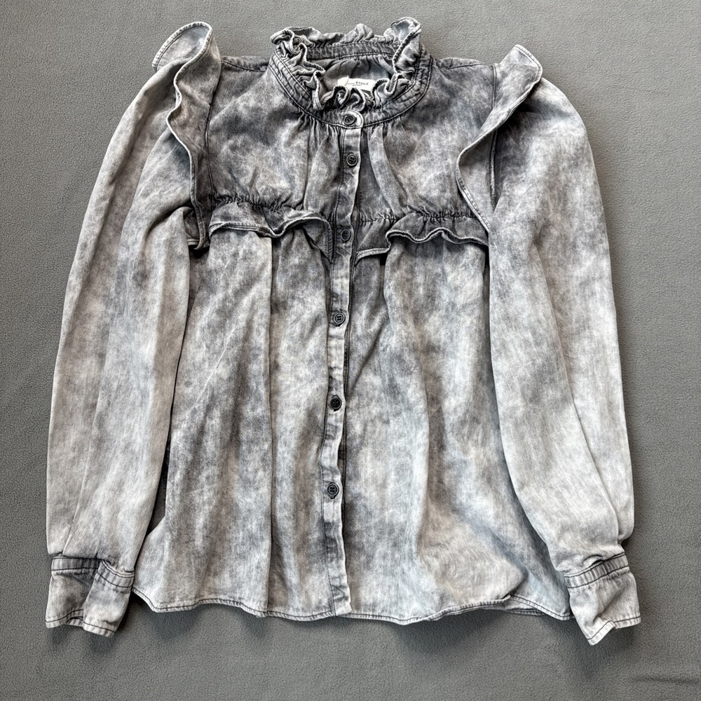 Isabel Marant Étoile Idety Ruffle Denim Cotton Long Sleeve Shirt Gray Women's 38 - Picture 7 of 14